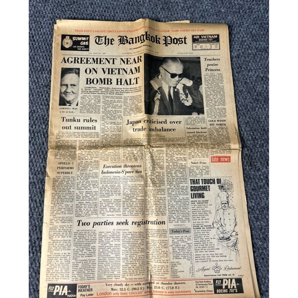 Vtg Newspaper Bangkok Post October 17, 1968 Agreement Near on Vietnam Bomb Halt - Picture 1 of 11